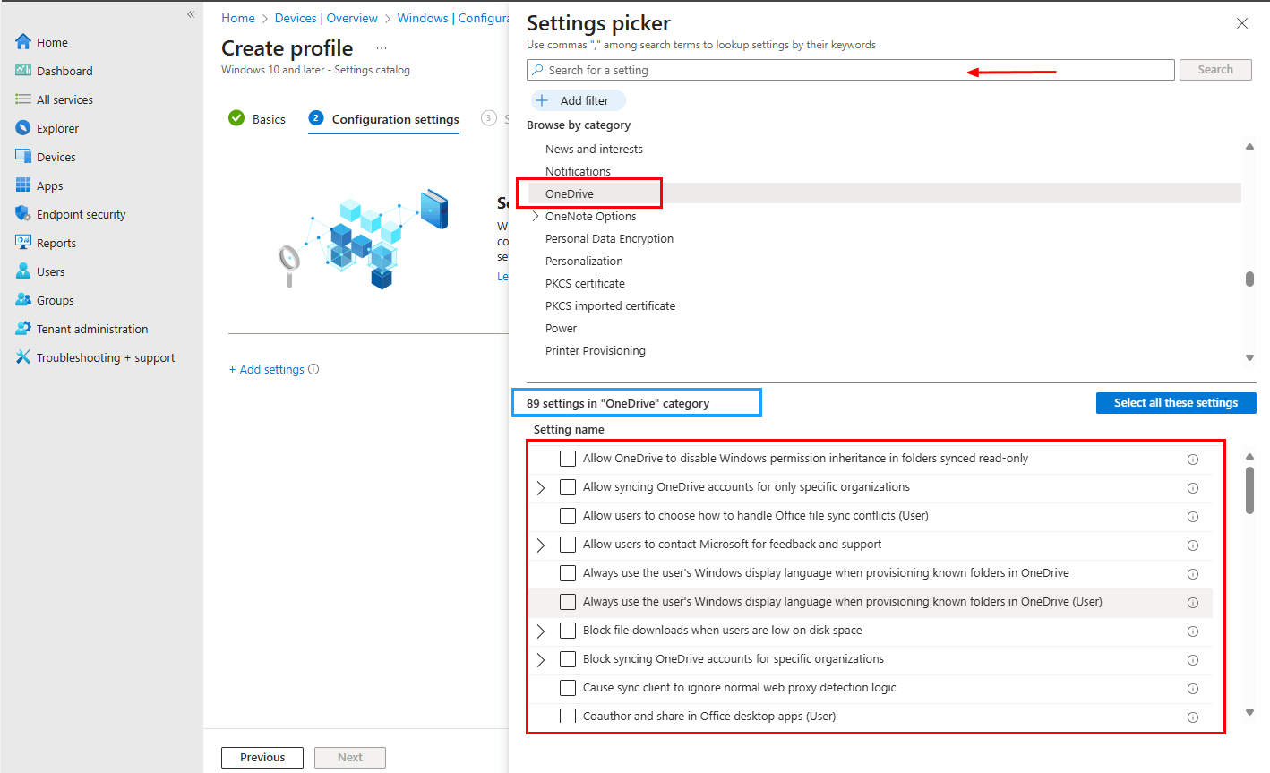 Onedrive settings catalog