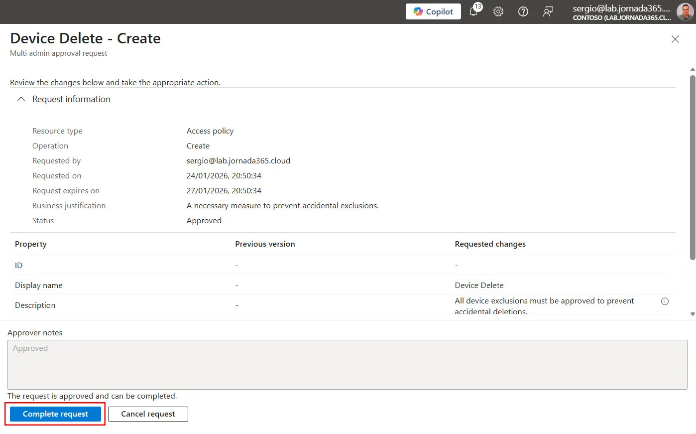 Multi Admin Approval Complete Request