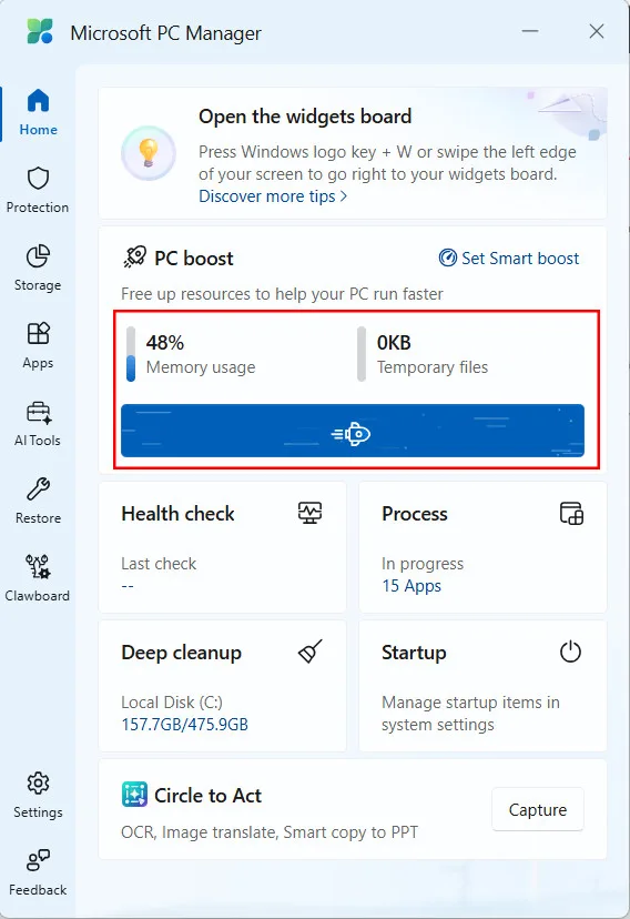 Microsoft PC Manager Button Boost