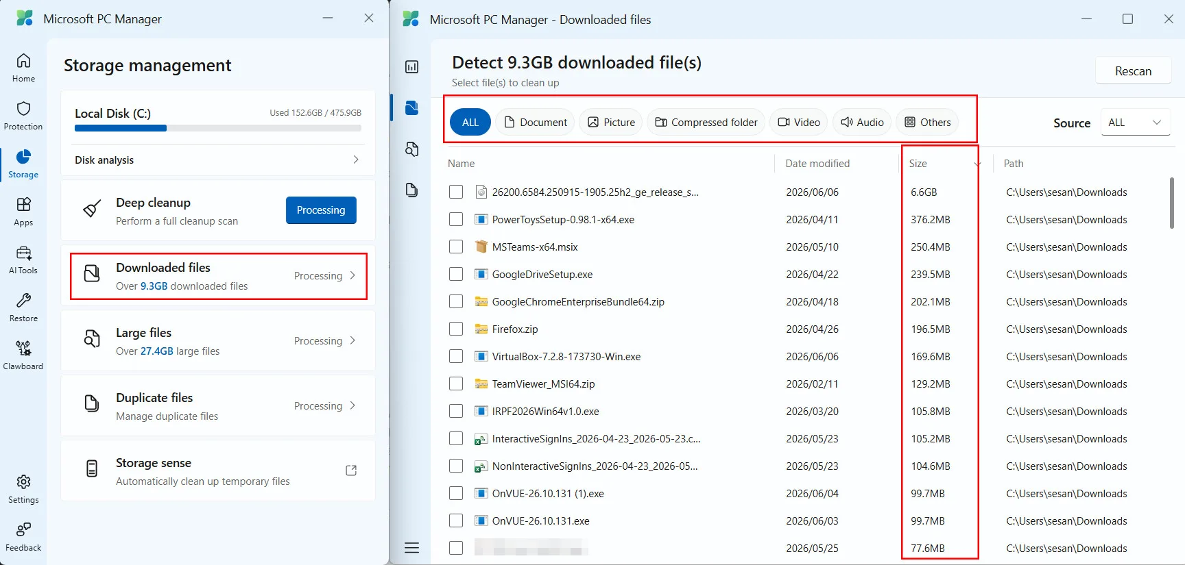 Microsoft PC Manager Storage Management