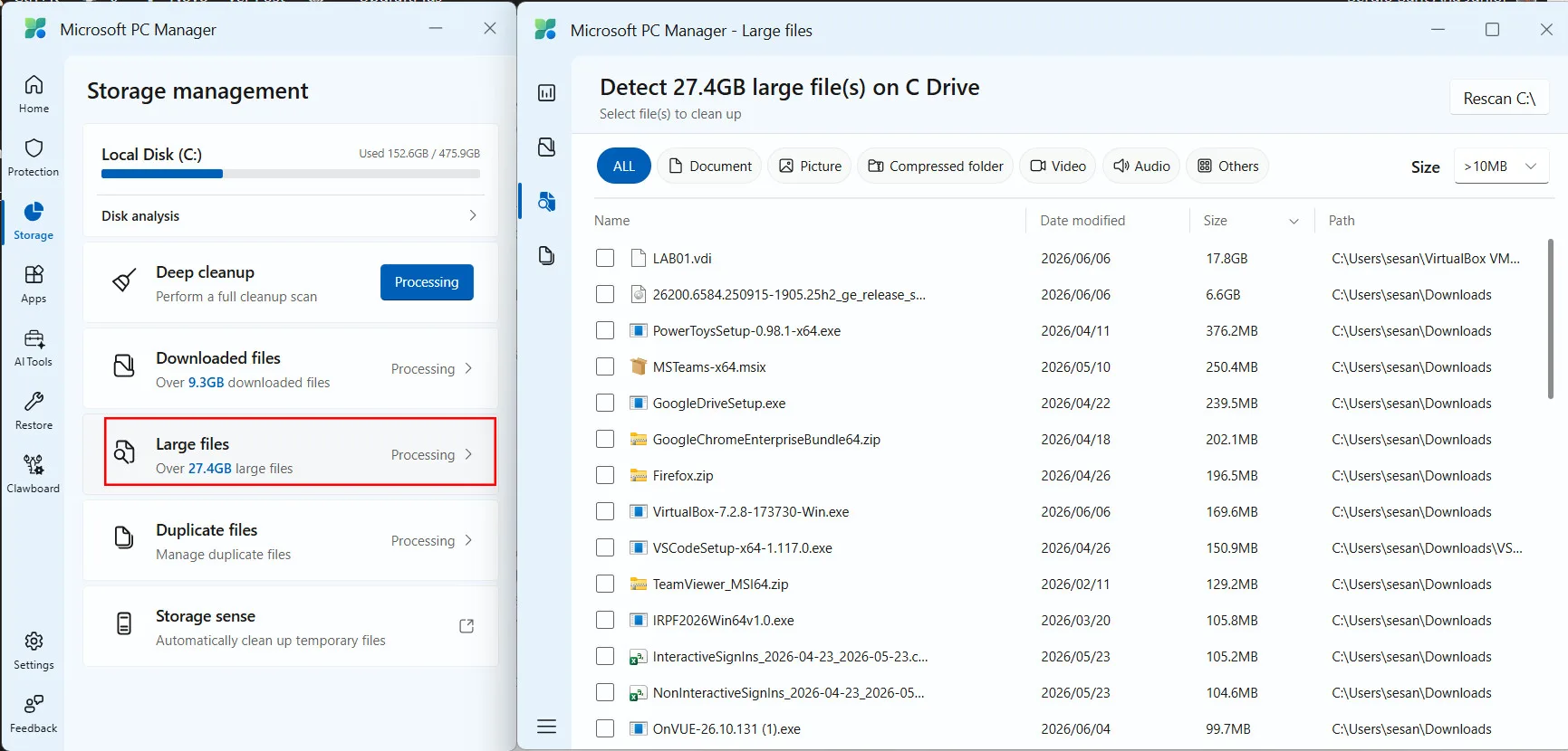 Microsoft PC Manager Storage Management
