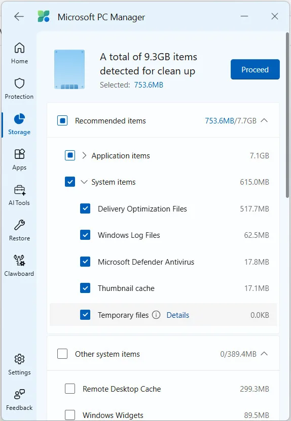 Microsoft PC Manager Storage Management Clean Up