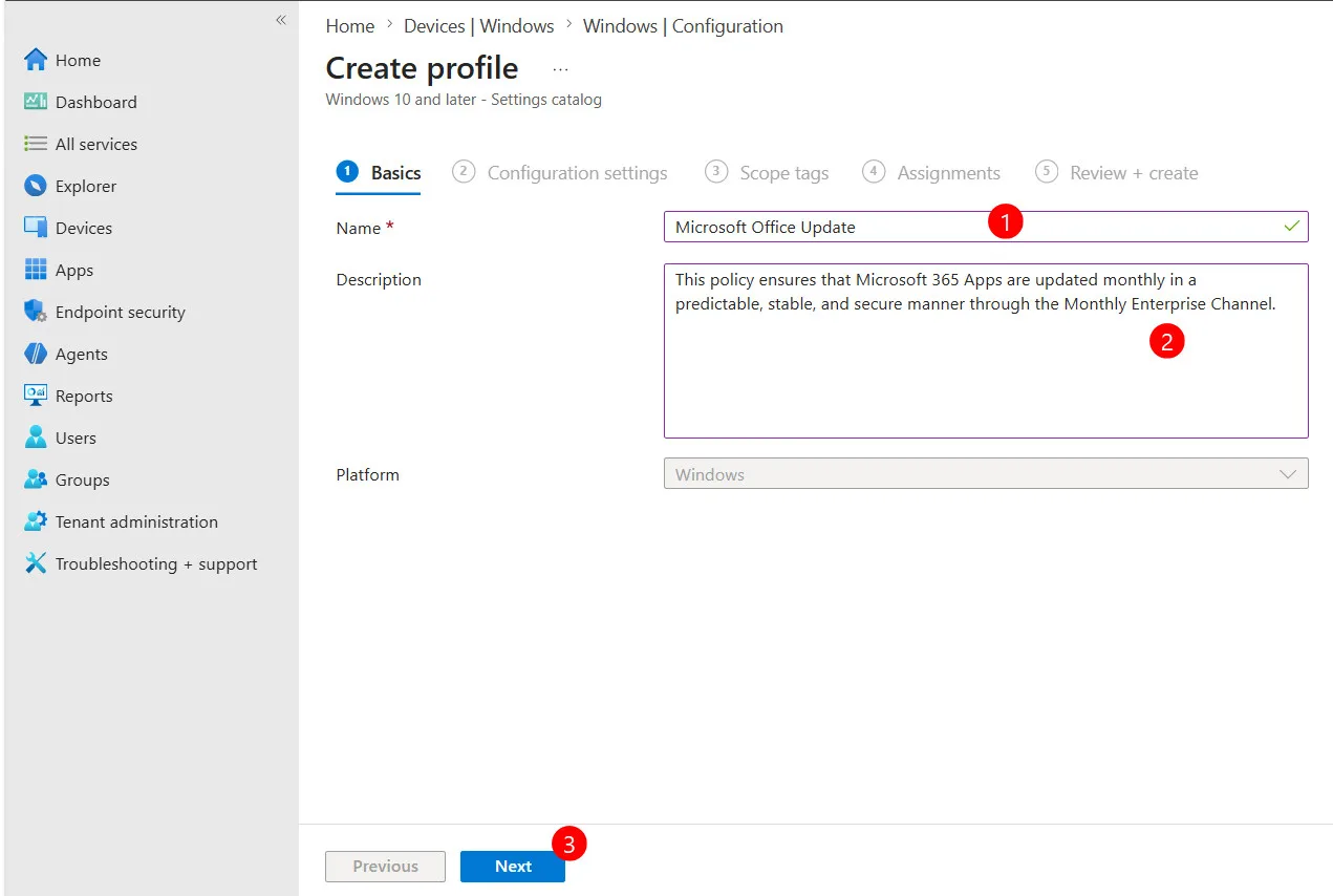 Intune settings catalog office update