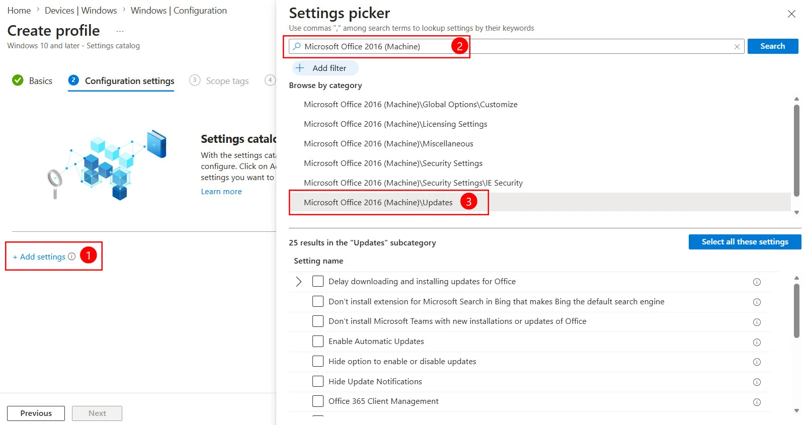 Intune settings catalog office update
