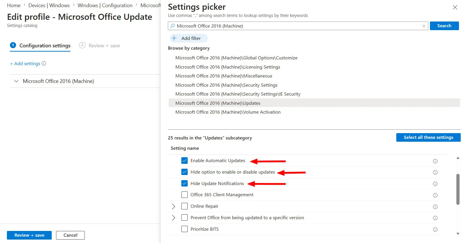 Intune settings catalog office update
