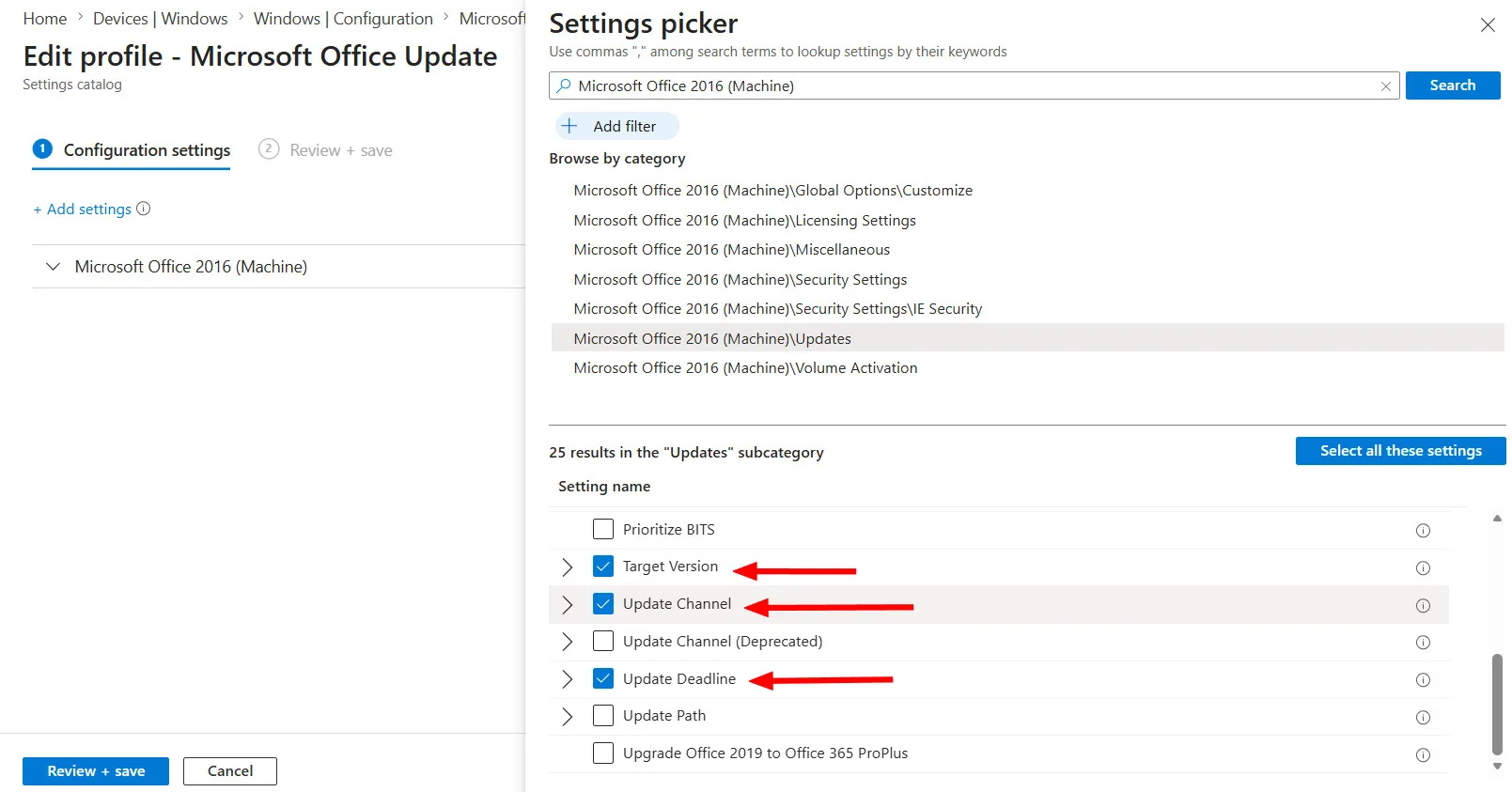 Intune settings catalog office update