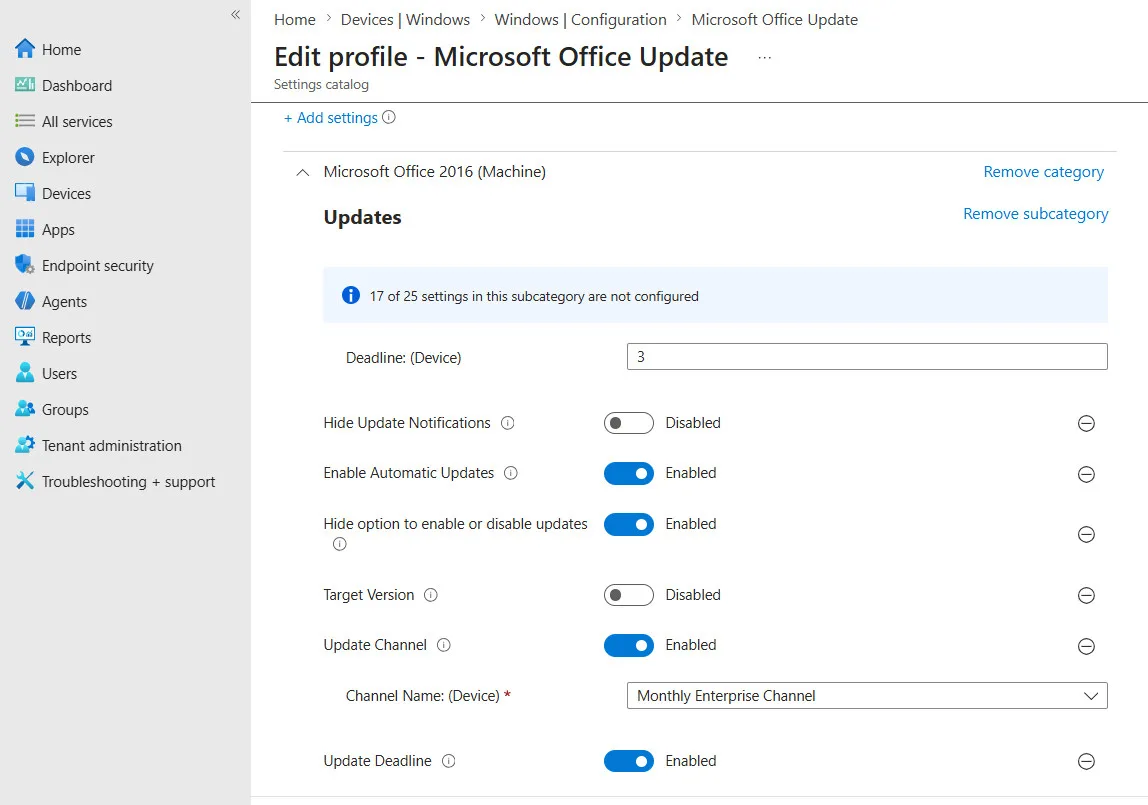 Intune settings catalog office update