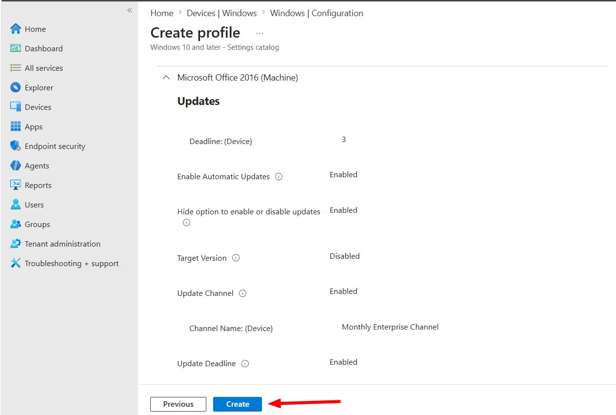 Intune settings catalog office update